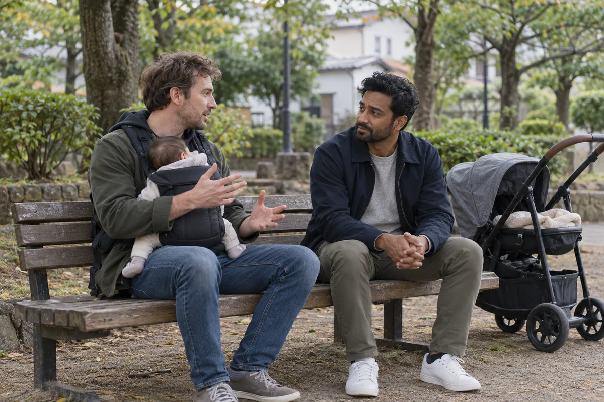 Two fathers, one with a baby carrier, talking quietly on a bench in a leafy Japanese neighborhood park on an overcast afternoon