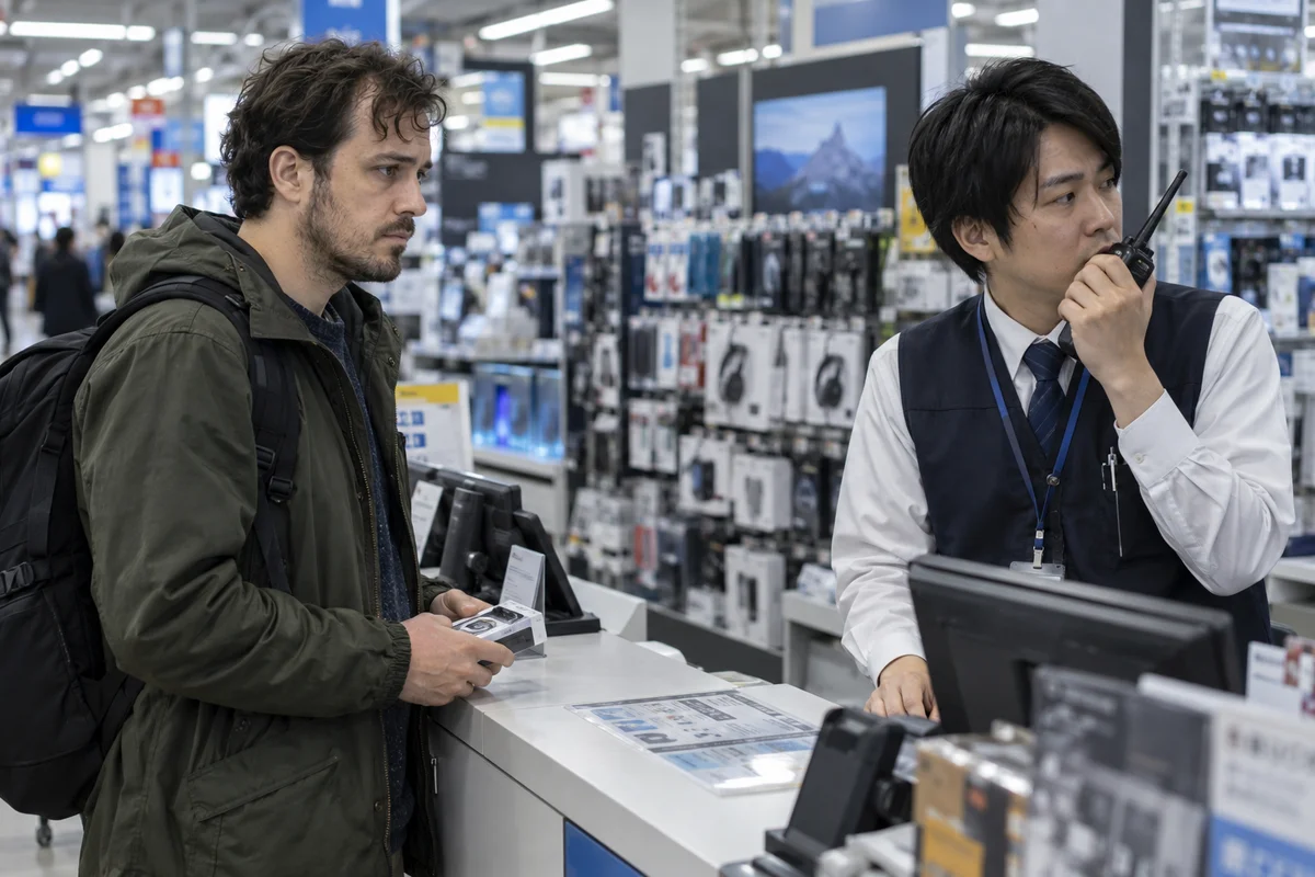 A foreign customer standing at an electronics store service counter in Japan while a staff member speaks into a walkie-talkie