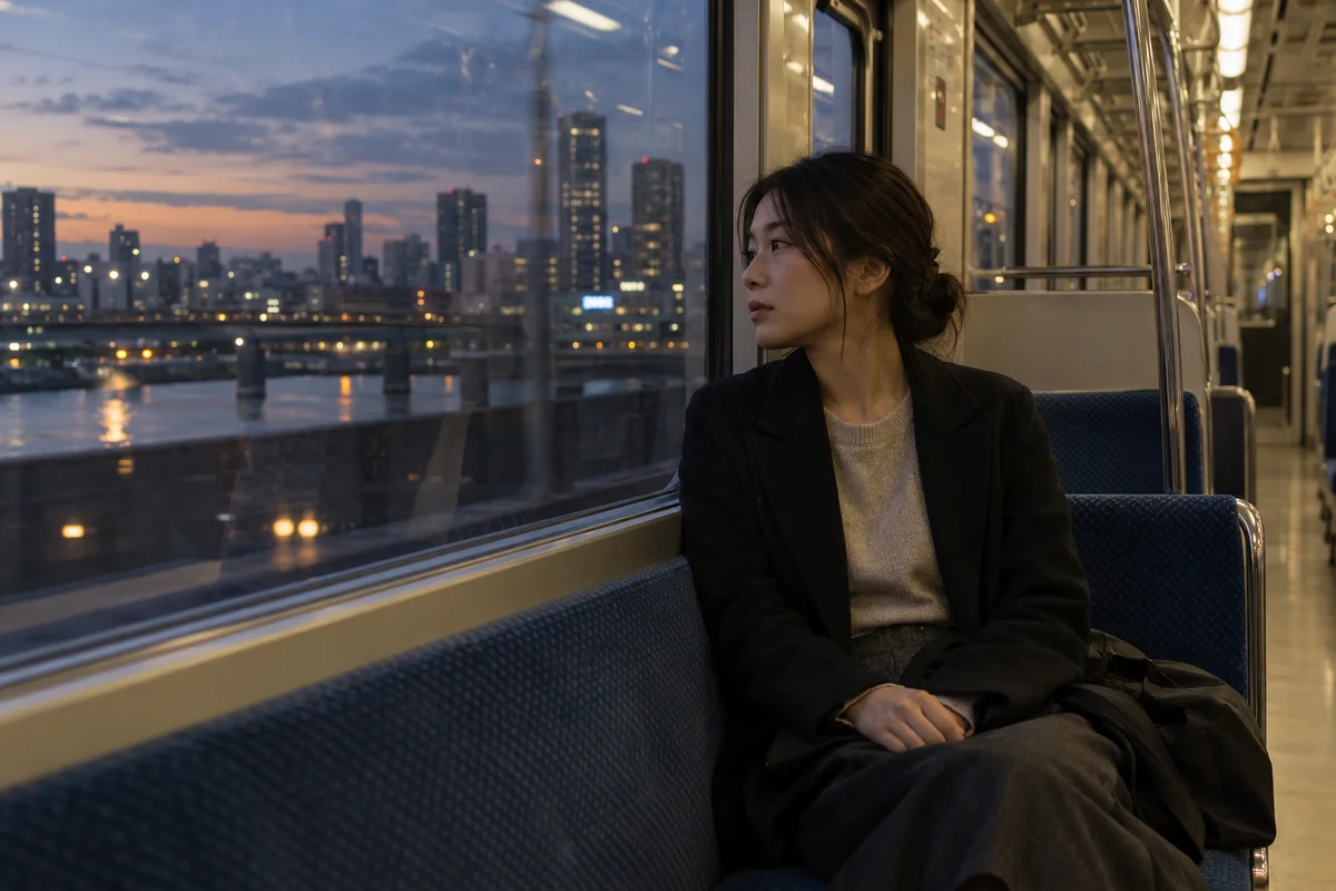 A woman sitting alone on a train at dusk, looking out the window with a thoughtful expression
