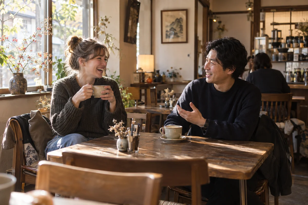 Two friends laughing together over coffee at a small neighborhood cafe in Japan, afternoon light through the window