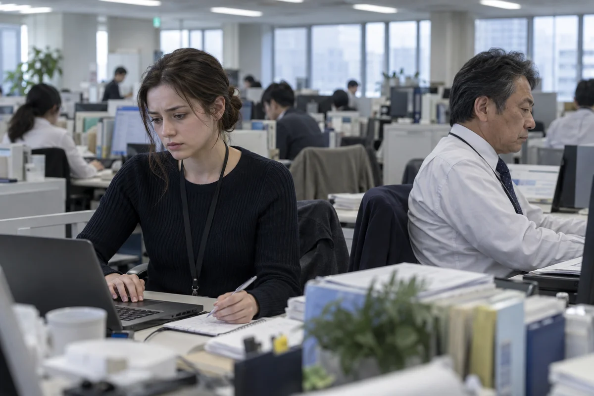 A young foreign woman working at a desk in a Japanese open-plan office while the older man at the next desk sits turned away from her, cold fluorescent morning light