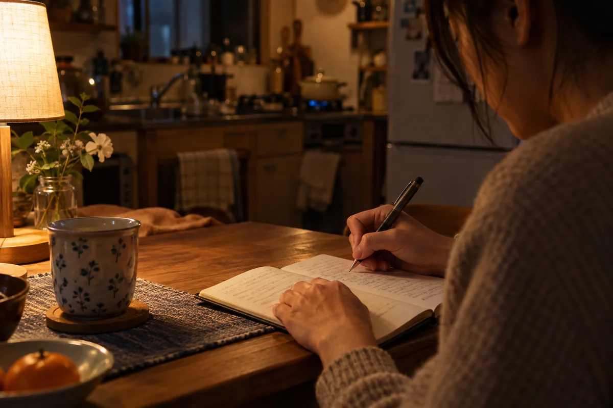 Close-up of a woman's hands writing dated notes in a small notebook at a kitchen table at night, under a single warm lamp