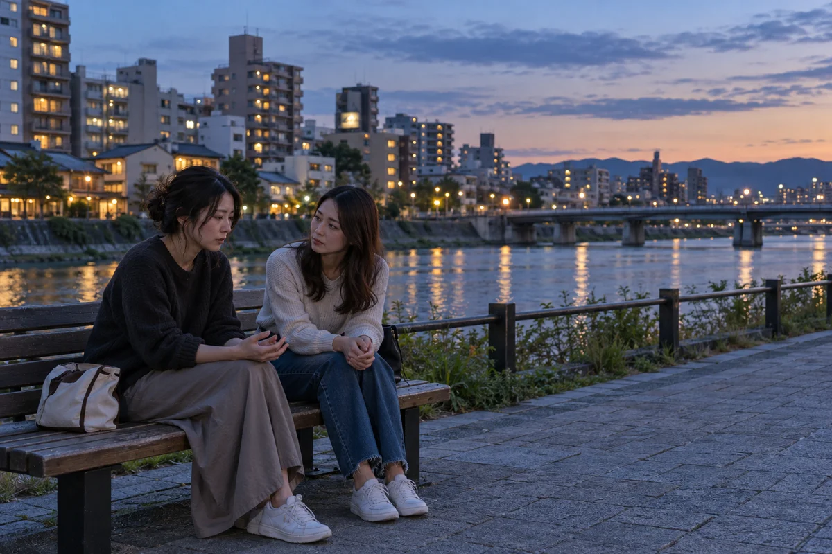 Two women sitting on a riverside bench in a Japanese city at dusk, one talking quietly while the other listens closely, soft blue evening light