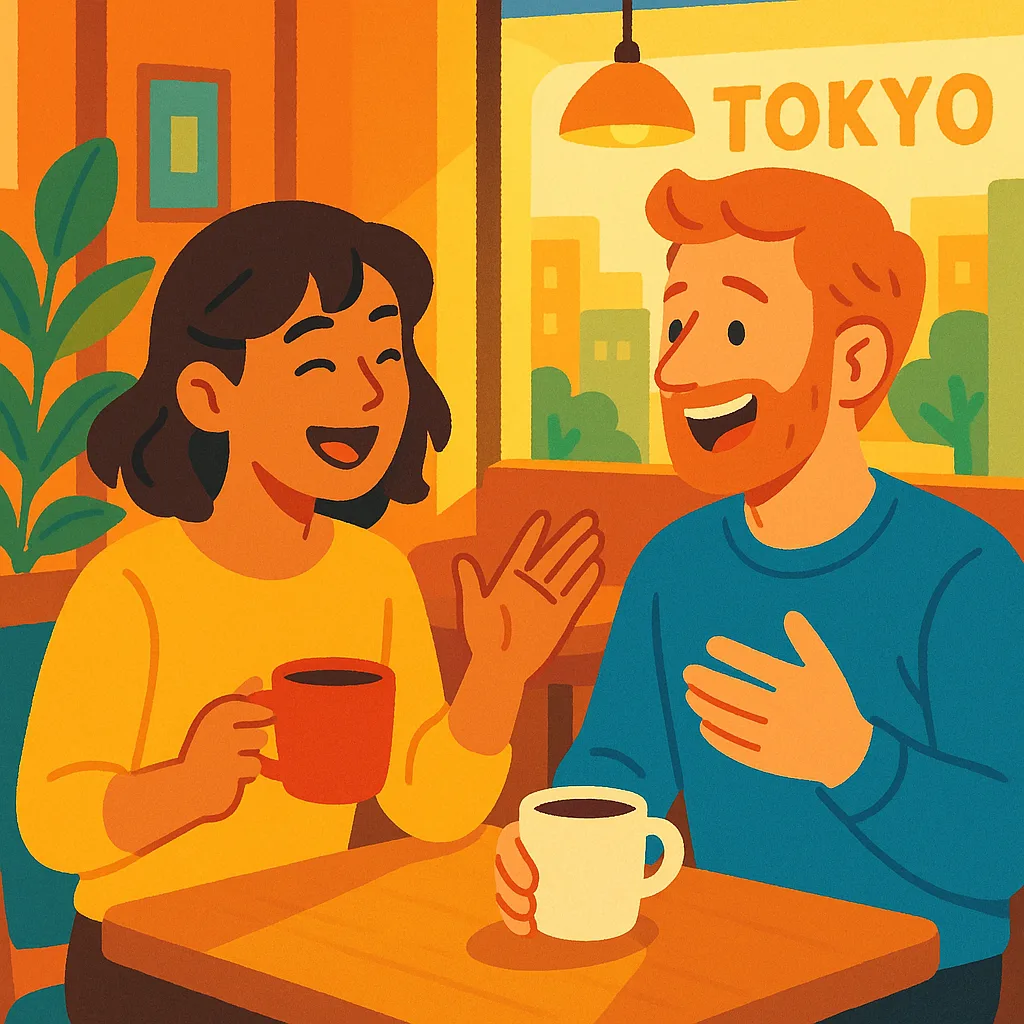 Two people talking over coffee in a relaxed Tokyo cafe, one Japanese and one foreigner, mid-conversation and laughing, warm afternoon light, modern illustration style, bright friendly colors, no text
