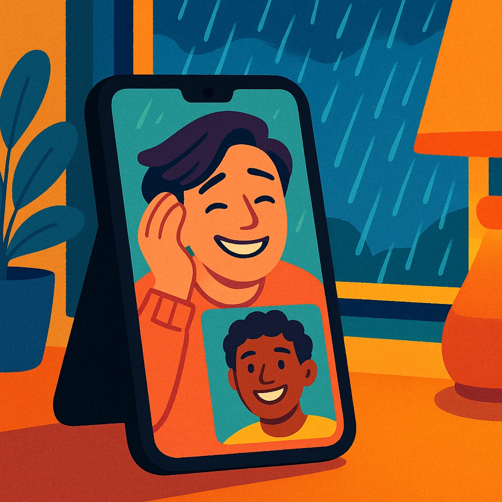 Two people having a relaxed video call on a phone propped up indoors during a rainy day, one looking visibly relieved and smiling, rain streaking the window behind them, warm cozy lighting, modern illustration style, bright friendly colors, no text