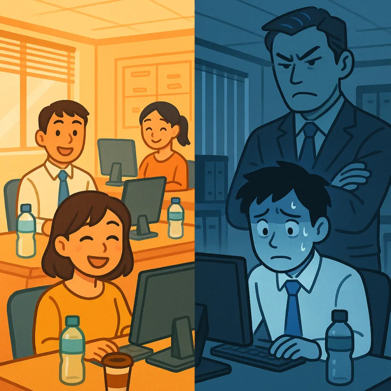 A split scene illustration, on one side a relaxed Japanese office with water bottles and coffee cups on every desk and people smiling, on the other side a tense office with a stern senpai figure looming over a nervous junior worker, clear visual contrast between the two sides, modern illustration style, warm colors on the left and cold colors on the right, no text