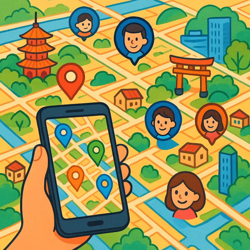 A friendly map view of a Japanese city dotted with colorful location pins, small smiling avatars near the pins, a phone held in the foreground showing the map interface, bright cheerful colors, modern illustration style, no text