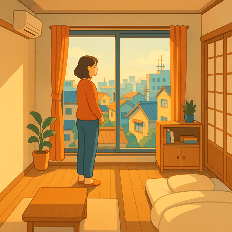 A woman alone in a quiet Japanese apartment, looking out the window at the city
