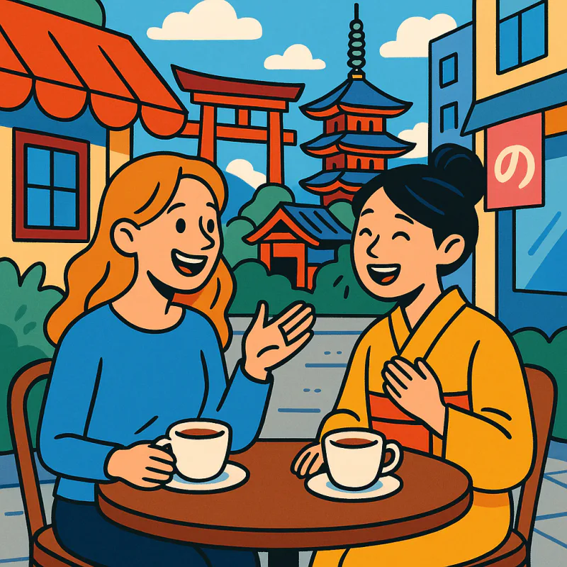 Two women chatting and laughing at an outdoor cafe table in a Japanese city