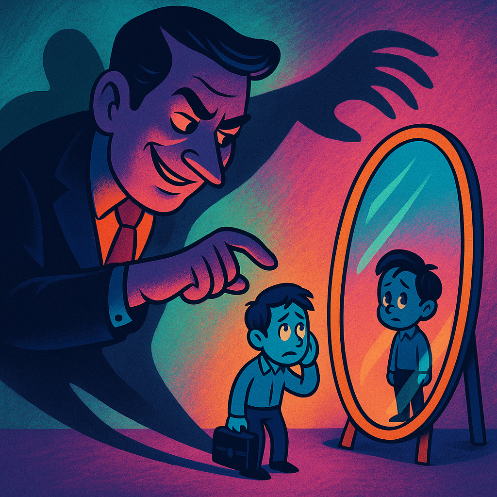 A manipulative boss casting a shadow of doubt over a worker, distorted mirror reflection