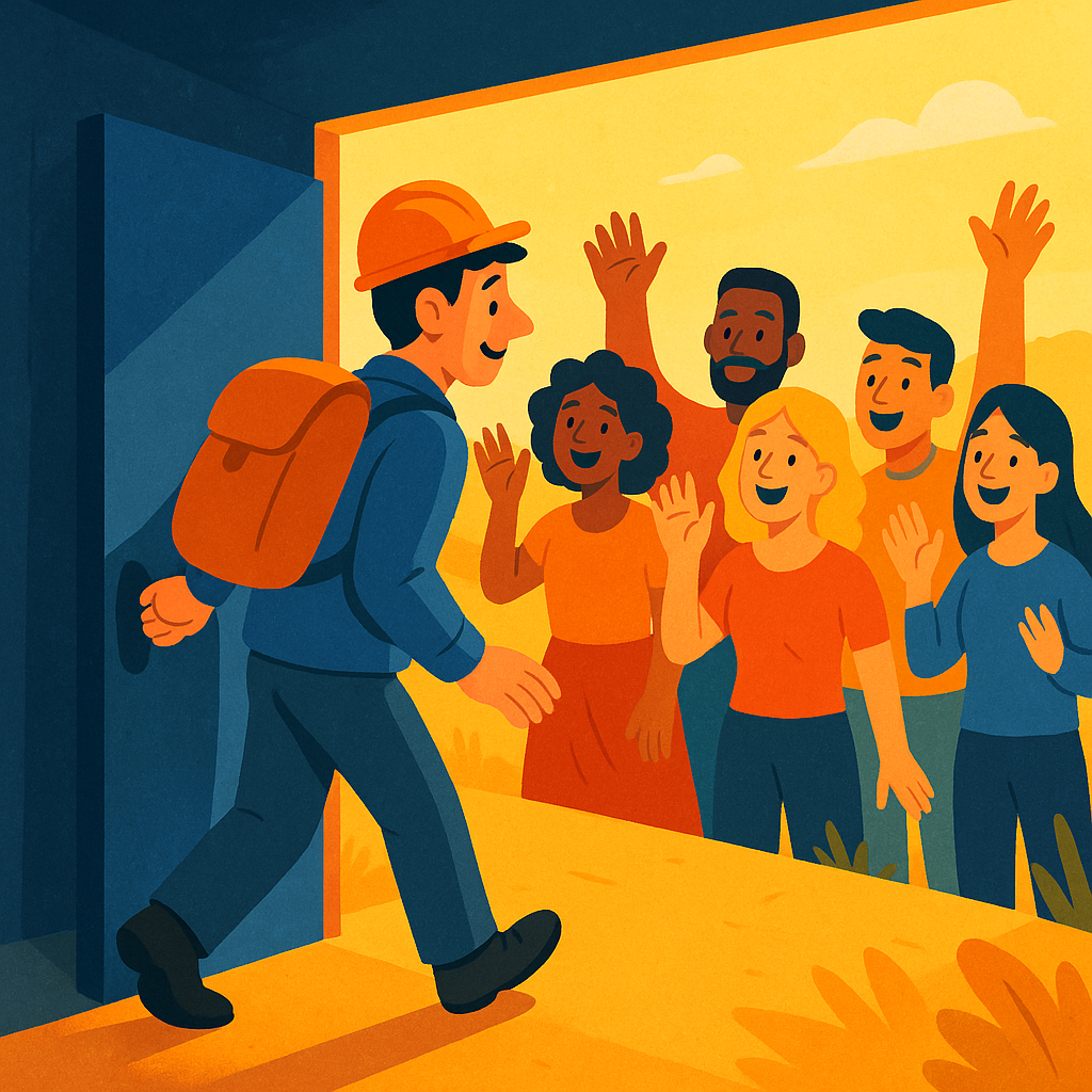 A worker stepping out of a dark room into a bright space full of supportive friends