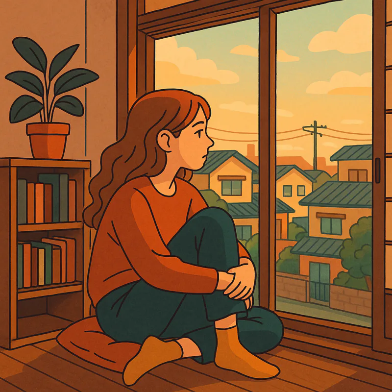 A woman sitting alone by a window in a Japanese apartment, looking out at the neighborhood