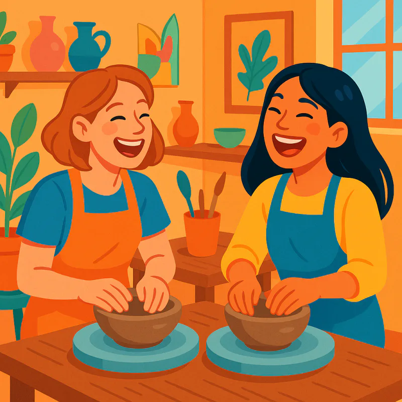 Two women laughing together at a pottery class table in Japan