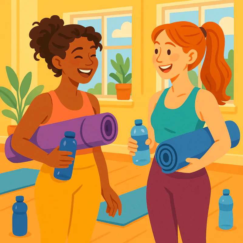 A woman chatting with another after a yoga class in a bright studio