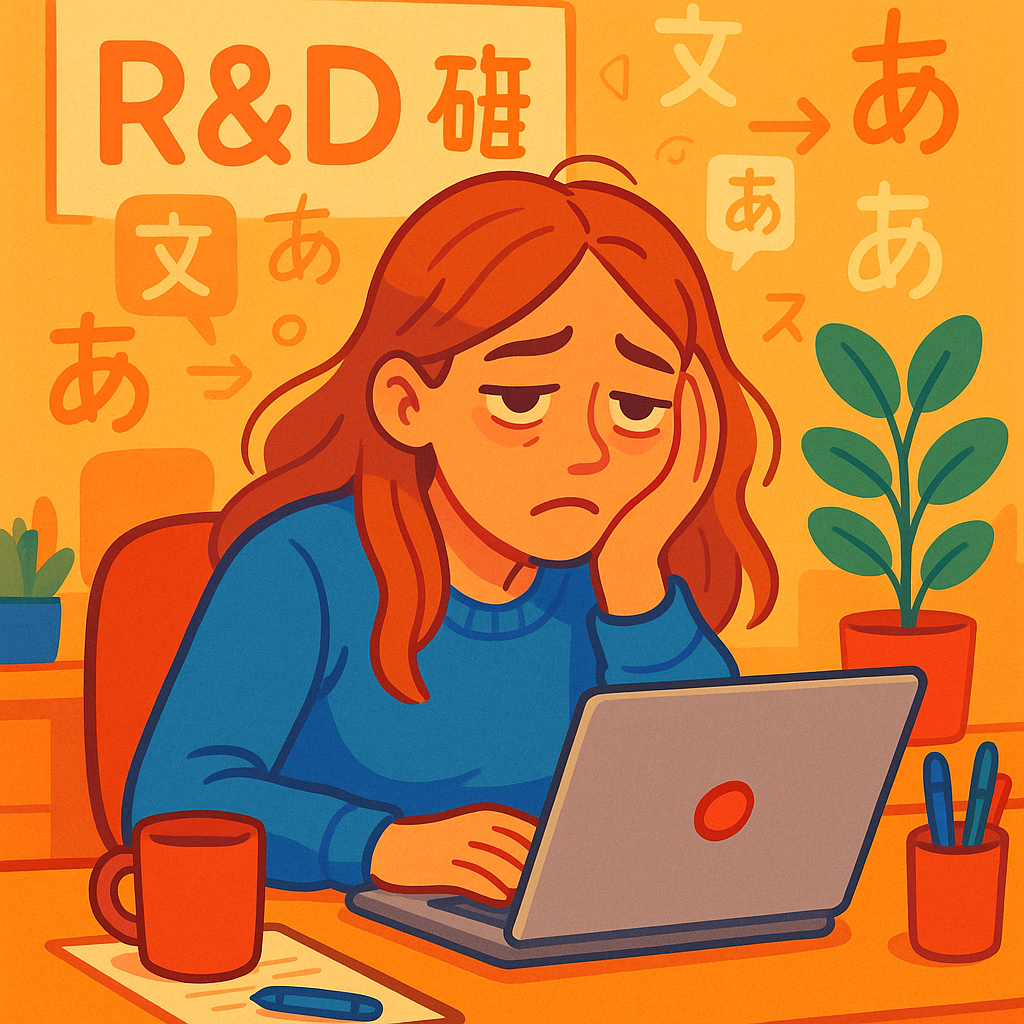 New foreign employee at a Japanese office, mentally translating, looking tired