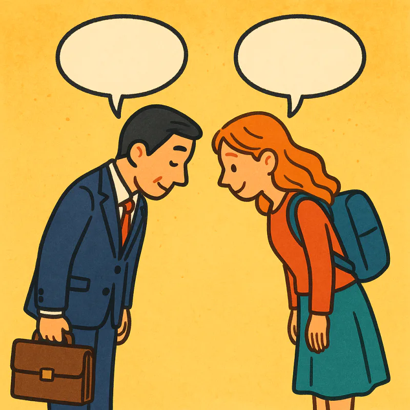 Two people politely bowing with speech bubbles