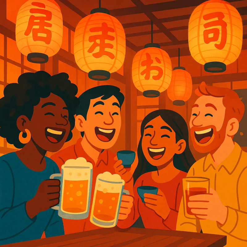 Group of international friends laughing at an izakaya