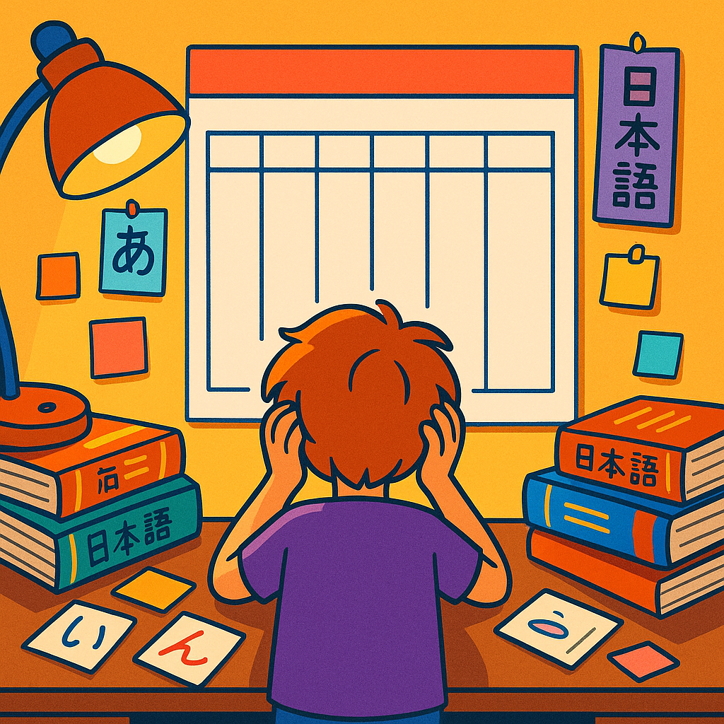 A young learner staring at a giant blank weekly calendar on the wall covered in Japanese textbooks, Anki cards, and sticky notes, looking overwhelmed, warm lamplight, modern illustration style