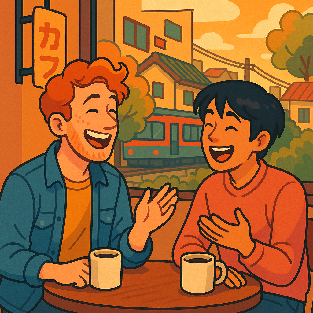Two people in their twenties at a small Tokyo cafe, one foreign and one Japanese, mid-conversation and laughing, coffee cups on the table, warm afternoon light, modern illustration style