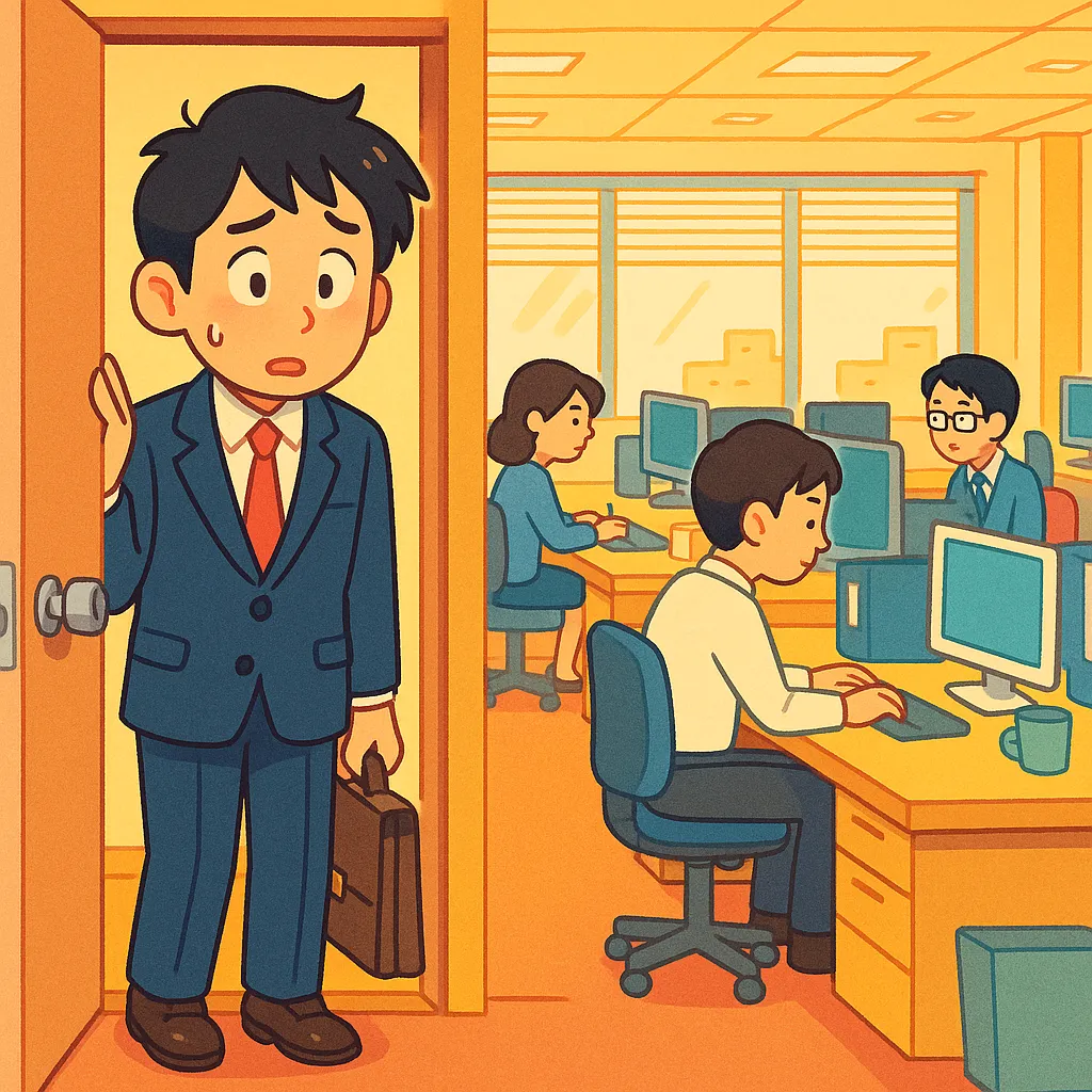 A nervous new employee in a suit hesitating at the edge of a busy Japanese office