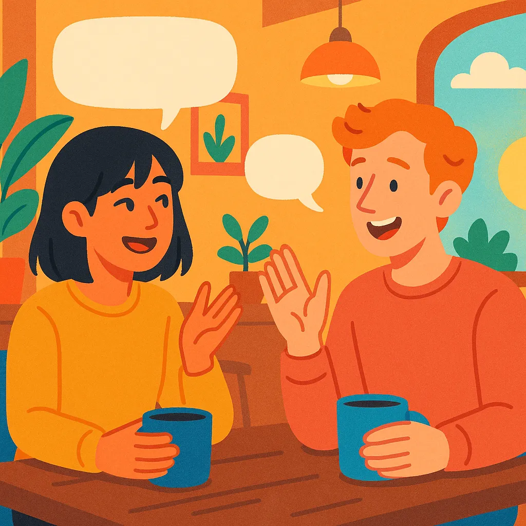 A relaxed, low-pressure conversation between two people speaking a foreign language, both smiling