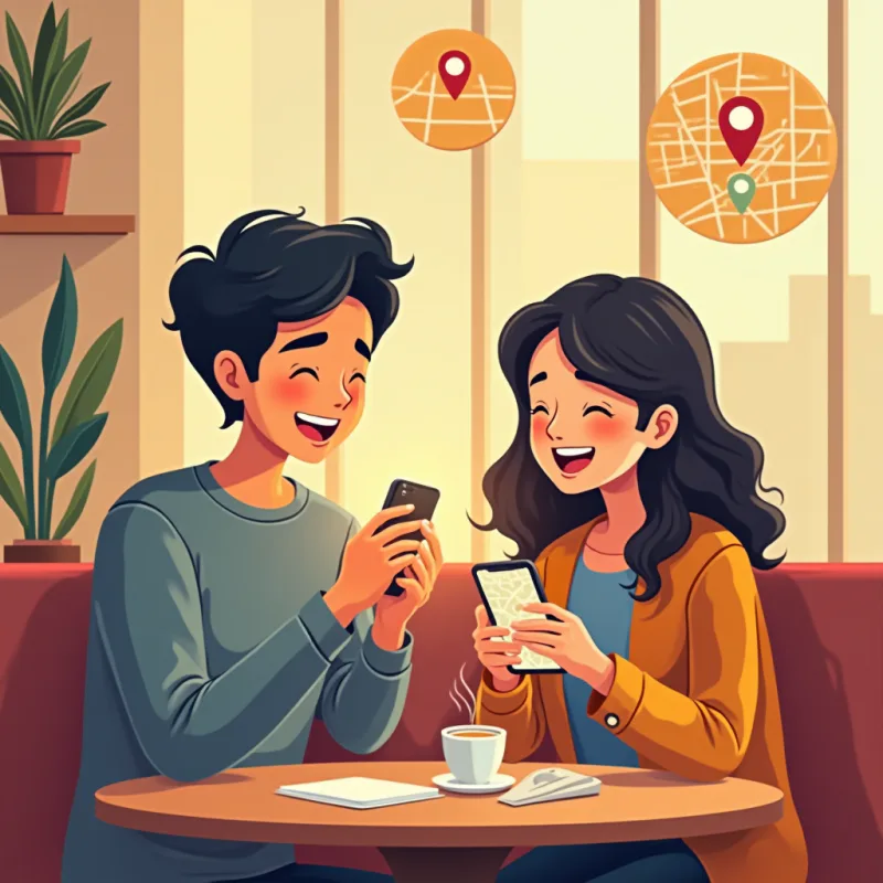 Two peers relaxed at a café, one showing a phone with a map, both laughing