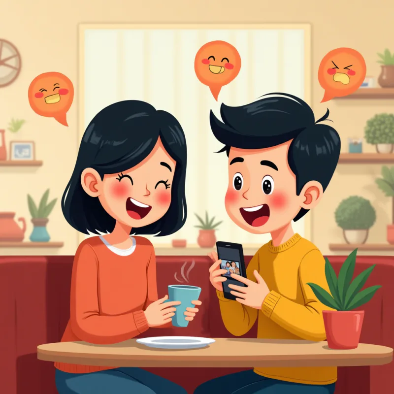Two friends chatting animatedly about a show at a cafe