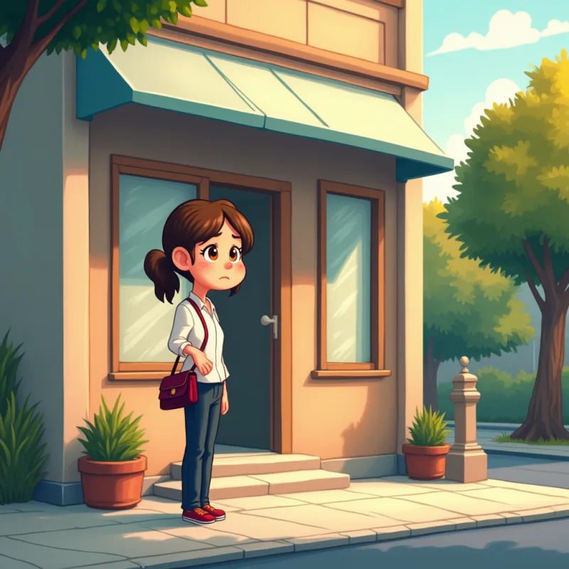 A tired foreign English teacher standing outside a Japanese language school in the early morning, heavy with dread