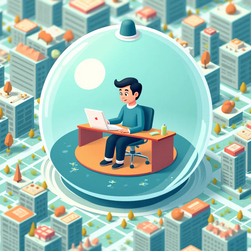 A person surrounded by a small isolated bubble that contains only their workplace, the rest of the map around them empty