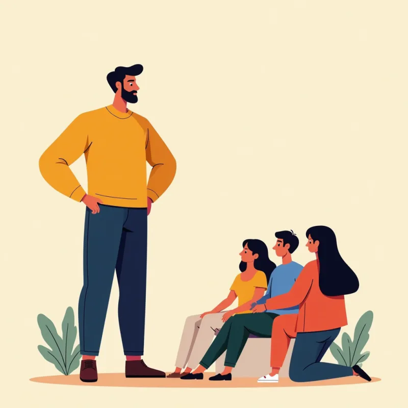 A confident person making a calm decision, supported by a small group of friends around them