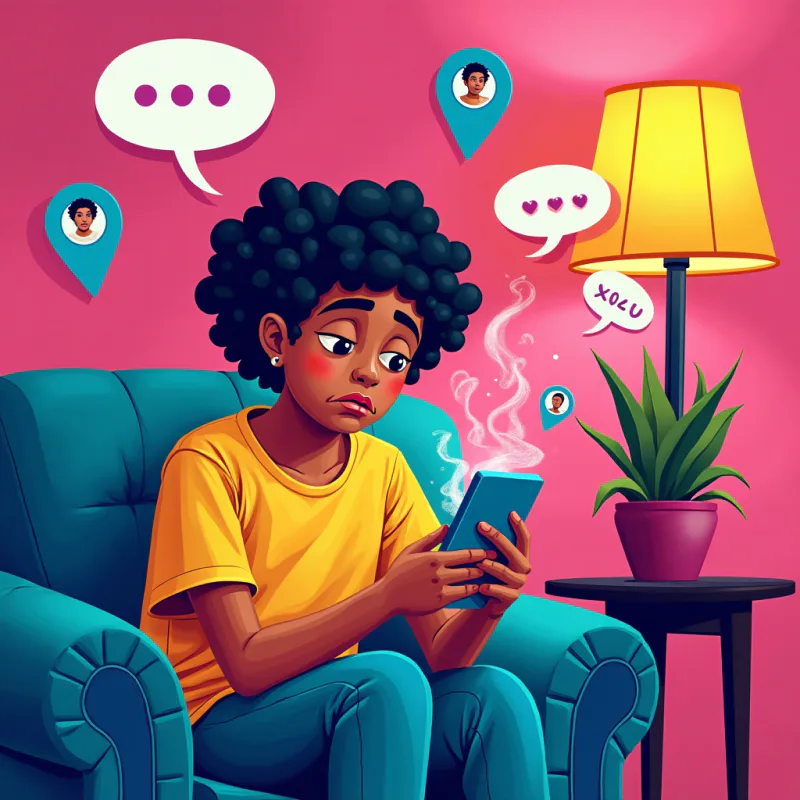 Colorful pop-art collage illustration: a young American person on a couch looking tired while swiping through profile cards on a smartphone, floating map pins, chat bubbles, coffee cups and crossed-out swipe cards around them, bright neon colors, modern graphic design style, no readable text