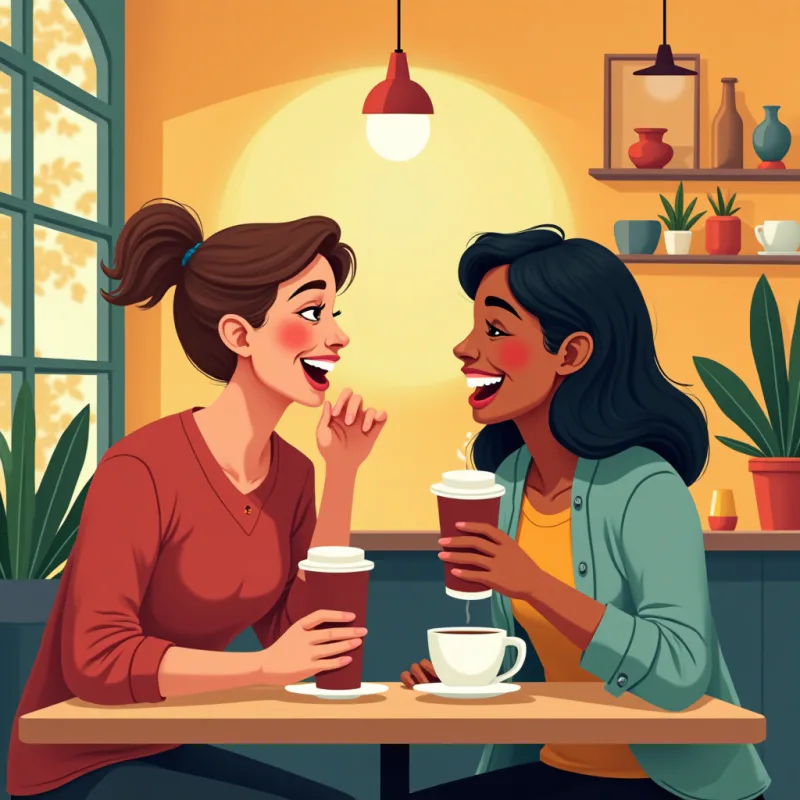 Colorful cartoon illustration: two friends from different cultures meeting and laughing together over coffee at a cozy cafe, one American and one international, warm friendly atmosphere, bright colors, modern illustration style, no text