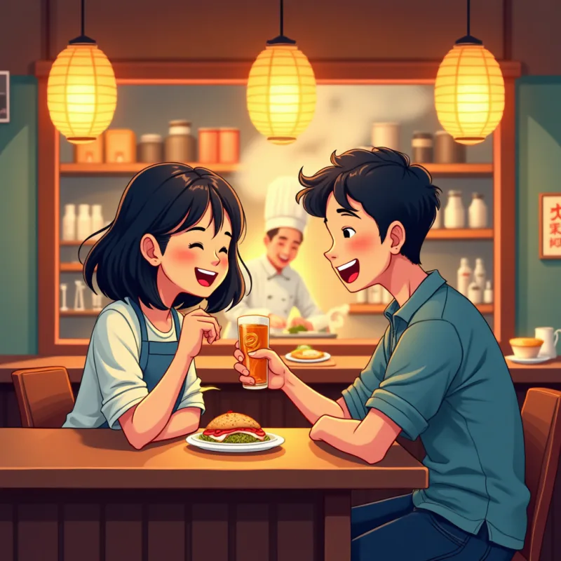 Colorful cartoon illustration: a foreign visitor and a friendly Japanese local sitting side by side at a warm wooden izakaya counter, a chef grilling behind the bar, small plates and drinks between them, both laughing, cozy lantern lighting, warm bright colors, modern illustration style, no text