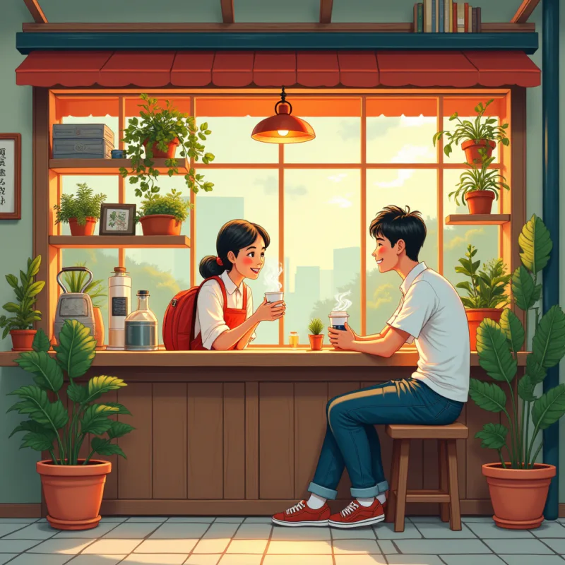 Colorful cartoon illustration: a cozy tucked-away Japanese neighborhood cafe, a warm owner behind the counter chatting with a smiling foreign traveler over coffee, plants and vintage decor, afternoon light through the window, warm bright colors, modern illustration style, no text