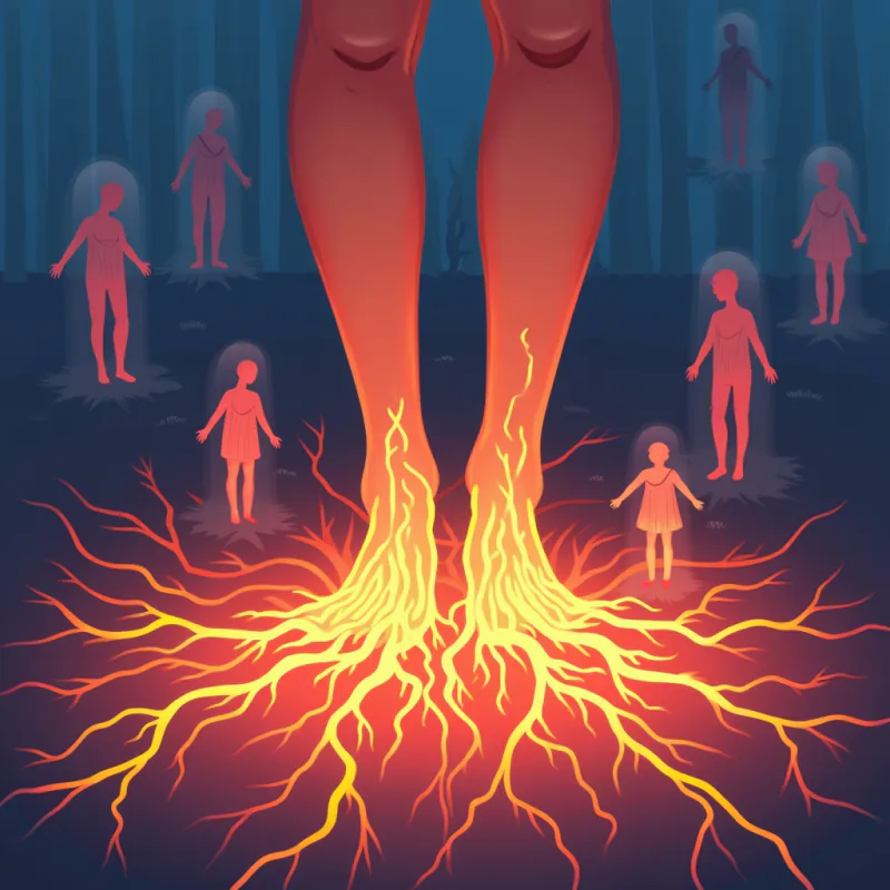 Cartoon illustration of a person standing steady with warm roots of connection drawn beneath their feet linking to a few nearby people, while faded translucent figures drift away in the background like friends who left, hopeful and grounded mood, warm bright colors, modern illustration style, no text