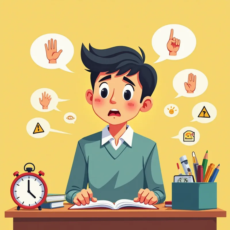 Colorful cartoon illustration: a young office worker at a tidy Japanese desk with tense shoulders, surrounded by small floating icons of a clock, a shushing finger, tiny apology speech bubbles and warning signs, tense but not dramatic mood, warm bright colors, modern illustration style, no text
