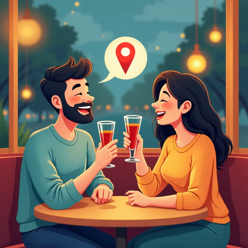 Colorful cartoon illustration: two friends, one Western and one Japanese, relaxed and laughing over drinks at a cozy evening cafe, a small map location pin floating above the table, warm friendly lighter mood, warm bright colors, modern illustration style, no text