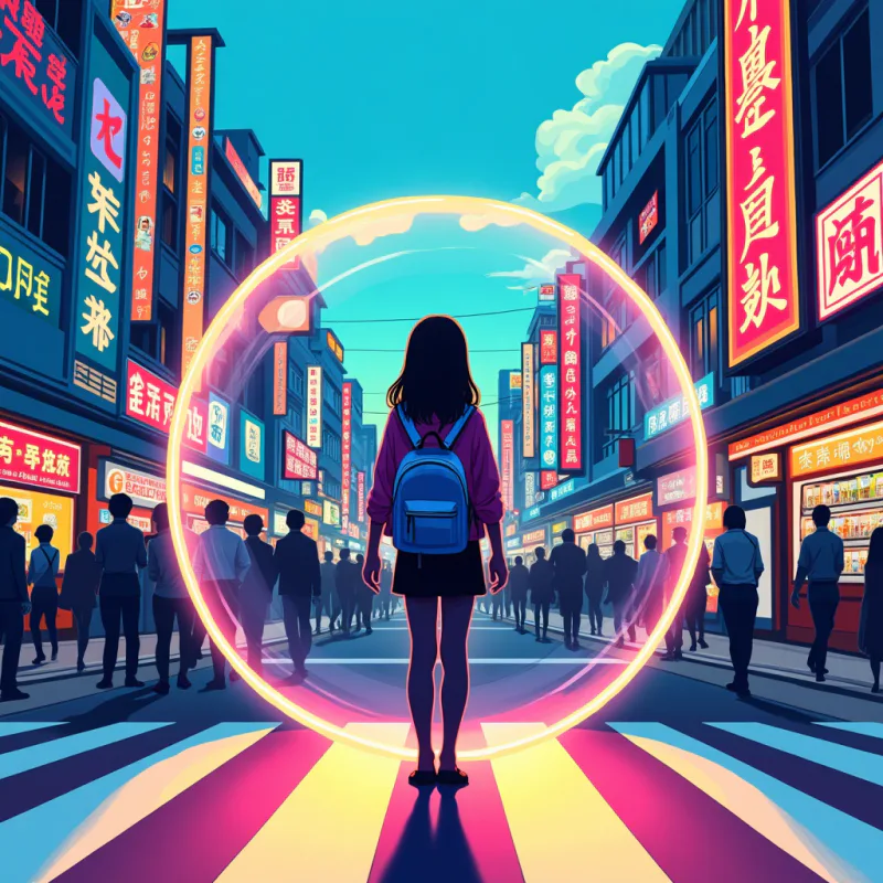 Colorful pop-art collage illustration: a young woman with a backpack standing alone inside a soft transparent bubble in the middle of a busy Tokyo crossing, neon signs and train icons and vending machines floating around her, crowds flowing past without touching her, bright vivid colors, modern graphic design style, no readable text