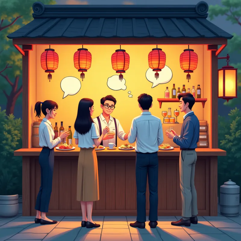 Colorful cartoon illustration: a cozy small Japanese standing bar at early evening, a young Western woman and several Japanese office workers standing shoulder to shoulder at a wooden counter, friendly bartender pouring drinks, small plates and lanterns, warm orange and red glow, speech bubbles, modern illustration style, no text