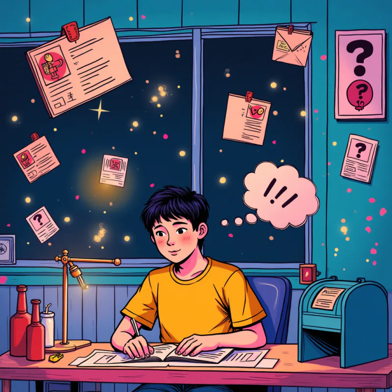 Colorful pop-art collage illustration: a young person sitting at a kitchen table late at night surrounded by official-looking Japanese envelopes and forms, floating question marks and hanko stamp icons and a mailbox, thought bubbles, bright vivid neon colors, modern graphic design style, no readable text