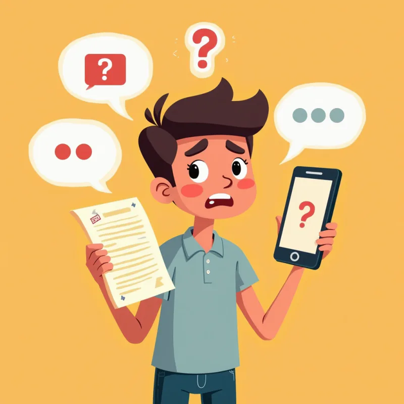 Colorful cartoon illustration: a confused young person holding an official letter in one hand and a phone with a translation app in the other, translated word bubbles floating around but a big glowing question mark over their head, warm bright colors, modern illustration style, no text