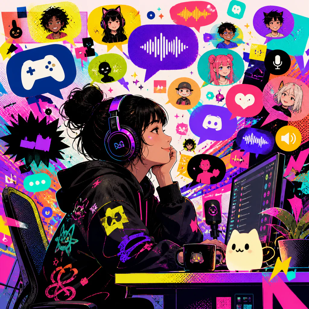 Colorful pop-art collage illustration: a young American person wearing headphones at a desk surrounded by floating chat community icons, speech bubbles in English and Japanese, voice-channel and gaming icons, bright neon colors, modern graphic design style, no readable text