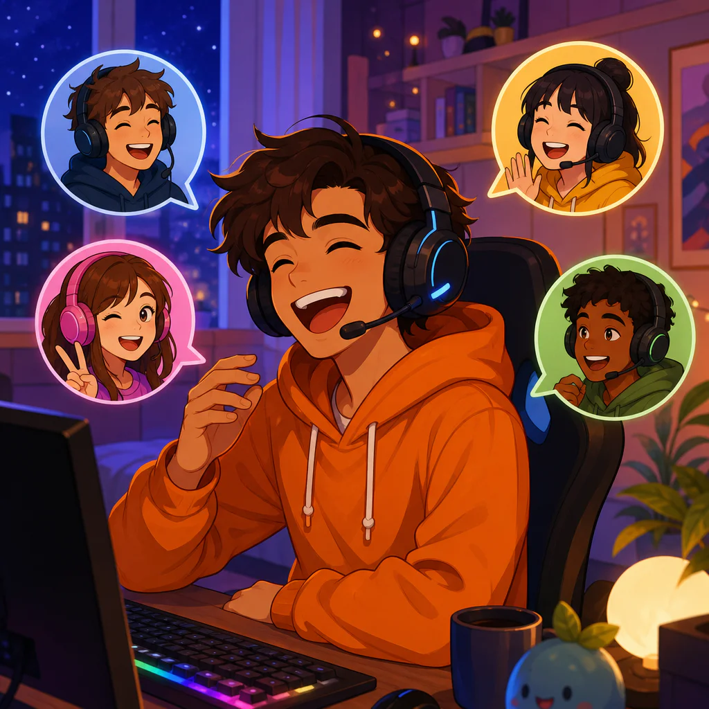 Colorful cartoon illustration: a person laughing while wearing a gaming headset in a lively voice call, small avatars of friends around them, cozy room at night, warm bright colors, modern illustration style, no text