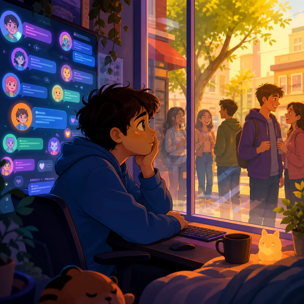 Colorful cartoon illustration: a person sitting alone at a screen full of glowing usernames and chat bubbles, a faint glass wall separating them from a sunny street outside where people meet in person, longing expression, warm colors, modern illustration style, no text