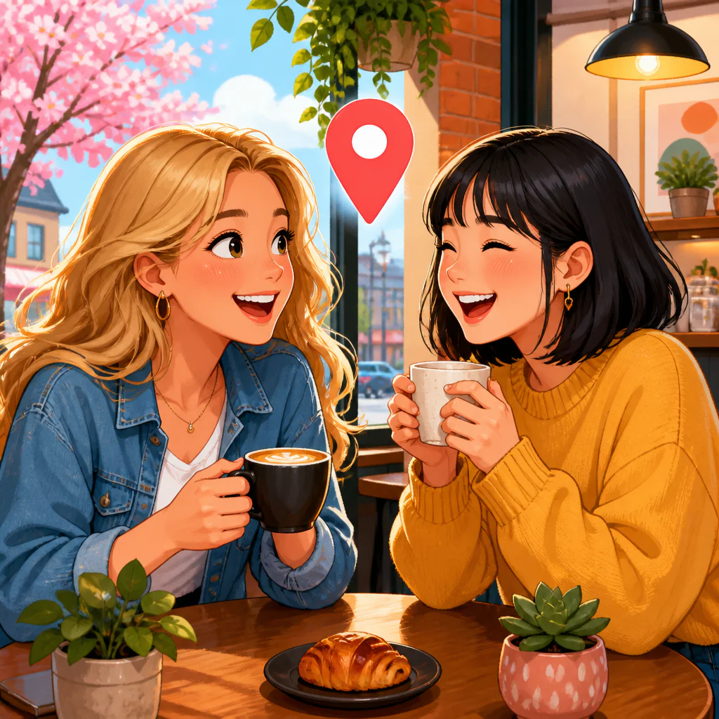 Colorful cartoon illustration: two friends, one American and one Japanese, meeting and laughing together over coffee at a cozy cafe, a map pin icon floating nearby, warm friendly atmosphere, bright colors, modern illustration style, no text