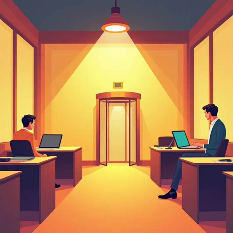 A small office with several empty desks and one person working alone under a light
