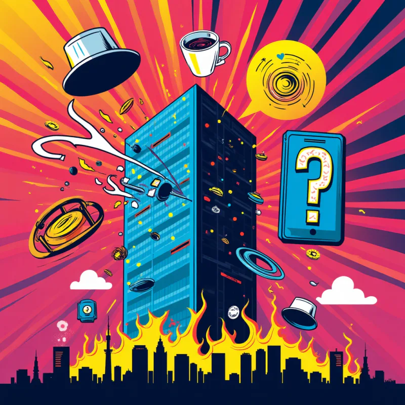Colorful vibrant pop-art collage illustration: feeling phantom shaking after an earthquake in Japan theme, floating icons of a wobbling building, wavy motion lines, a swaying coffee cup, a dizzy spiral, a phone with a question mark, a Tokyo skyline silhouette, bright neon colors, modern graphic design style, eye-catching thumbnail, no readable text