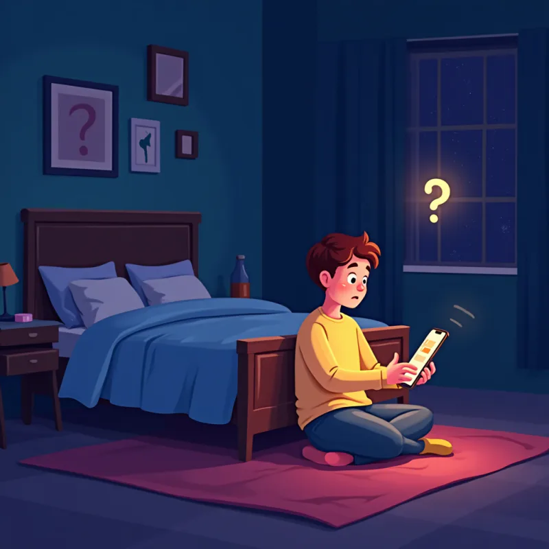 Colorful cartoon illustration: a person sitting on the floor of a dim bedroom late at night, face lit by a glowing phone screen, floating search bar and question mark icons around them, anxious and isolated mood, warm bright colors, modern illustration style, no text
