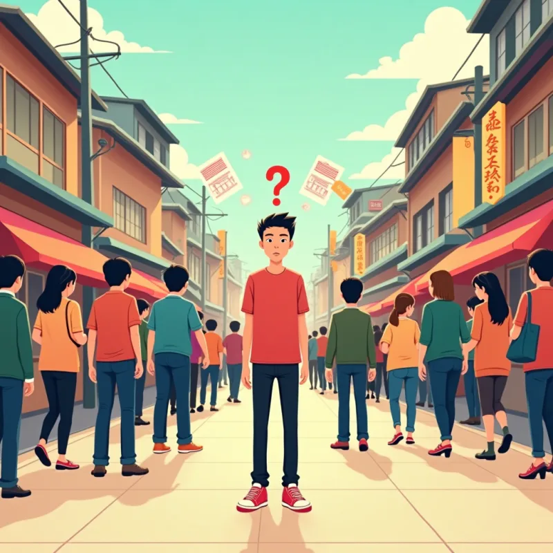 Colorful cartoon illustration: a busy Japanese street where everyone walks calmly and unbothered, while one newcomer stands still looking uncertain and overwhelmed, small floating icons of forms, tissues and question marks around the newcomer, contrast between the calm crowd and the unsettled individual, warm bright colors, modern illustration style, no text
