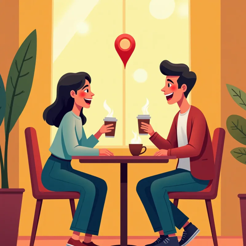 Two people from different countries meeting for coffee and laughing, a warm bright cafe, a small map pin glowing above the table